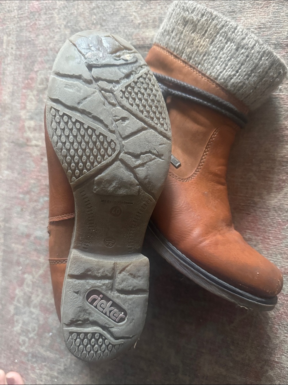 Rieker Chestnut Brown Leather Ankle Boots with Knit Cuff - Picture 4 of 5